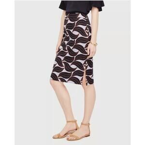 Ann Taylor Leaf Swirl Print Pencil Skirt‎ Navy Blue Brown Cotton Dotty 14